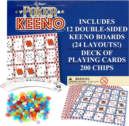 Regal Games Poker Keeno Bulk Game Set - Includes 12 Two-Sided Boards, 200 Scoring Chips, 1 Deck of Poker Cards