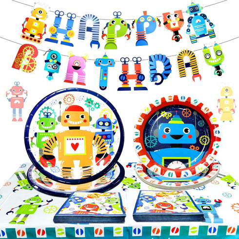 LaVenty Robot Birthday Party Pack - 34 Piece Set Including Banner, Plates,