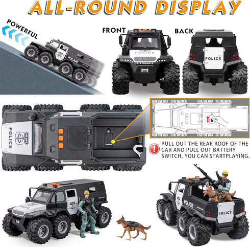 Police Car Toy, 8x8 Friction Powered with Light, Sounds, Openable Doors, Military Policeman & Dog for Boys 3-8