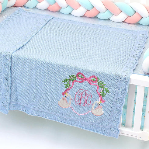 Personalized Floral Swan Baby Girl Blanket with Monogram Embroidery, Custom Name Knit Blanket, Elegant Nursery Decor