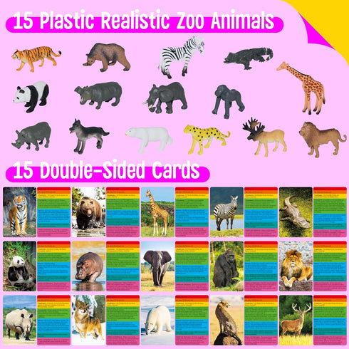 15 PCS Safari Animal Figurines with 15 Flashcards, Realistic Zoo Animal Figures, Montessori Educational Matching Game