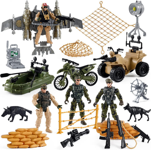 US Army Men Action Figures Play Set, Toy Soldiers with Military Weapons Accessories for Kids Boys