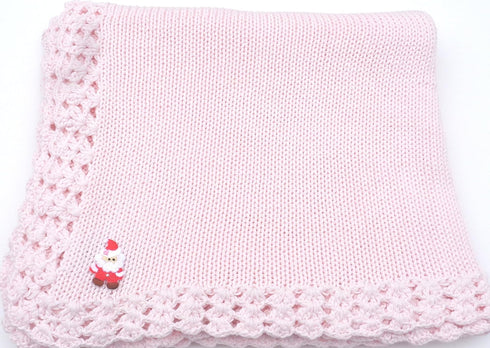 Sanjit Knitted Hand Crochet Finished Pink Cotton Blanket Trimmed with Santa Applique