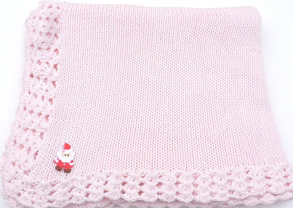 Sanjit Knitted Hand Crochet Finished Pink Cotton Blanket Trimmed with Santa Applique