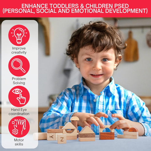 MOMOARI Set 86 6 3 Alphabet Number Early Math Wooden Building Blocks - Blocks in Shapes with Wooden Storage Tray.