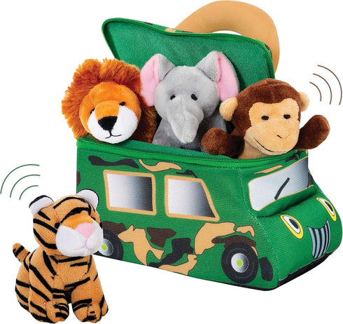 Bundaloo Plush Jungle Animals Set with Realistic Sound, Soft Stuffed Animal Toys with Safari Truck Carrier