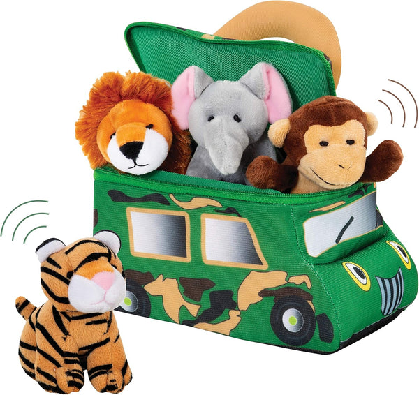 Bundaloo Plush Jungle Animals Set with Realistic Sound, Soft Stuffed Animal Toys with Safari Truck Carrier