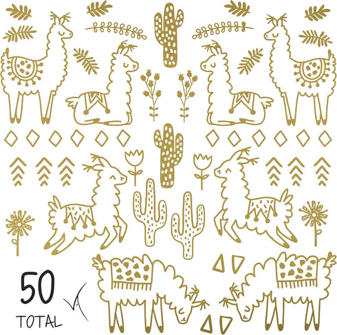 Alpaca Animal and Cactus Wall Decal | Peel and Stick for Kids, Baby Bedroom Nursery, Living Room | 50 pcs Vinyl