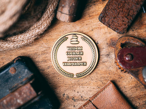 STOIC STORE UK Double Sided 38mm Cardinal Virtues Coin - Daily Inspirational Stoic Challenge Gifts, Novelty Coins
