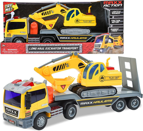 Maxx Action 17 3 Playset Vehicle Transport with Excavator Bright Lights and Construction Sounds | Friction Powered