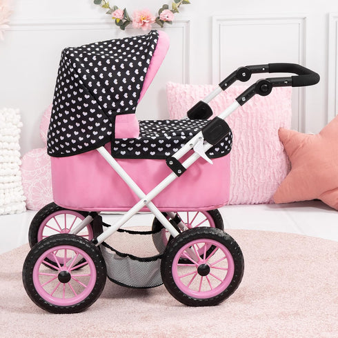 3+ Bayer Foldable Doll Stroller with Storage - Black, Pink & White Hearts Design for Kids