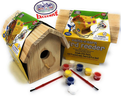 Matty's Toy Stop Paint-A-Barn Gift Set Bundle - Wooden Birdhouse & Bird Feeder (Includes Paints & Brushes) - 2 Pack