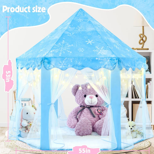 EVOIONOS Frozen Princess Tent for Girls - Kids Play Tent with Snowflake Lights, Castle Playhouse, 55 x 53 inches, Blue