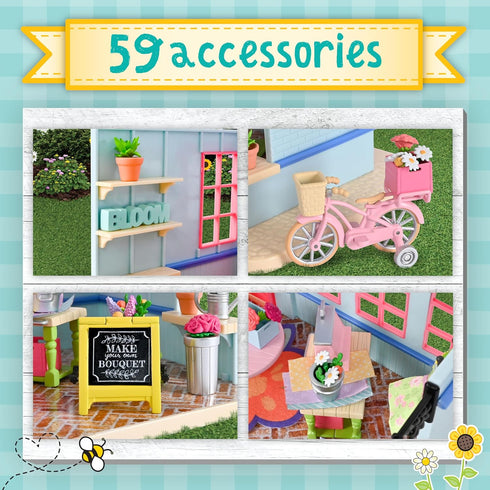 59 Honey Bee Acres in Bloom Flower Shop, Complete Dollhouse with Miniature Doll Figure, Pieces