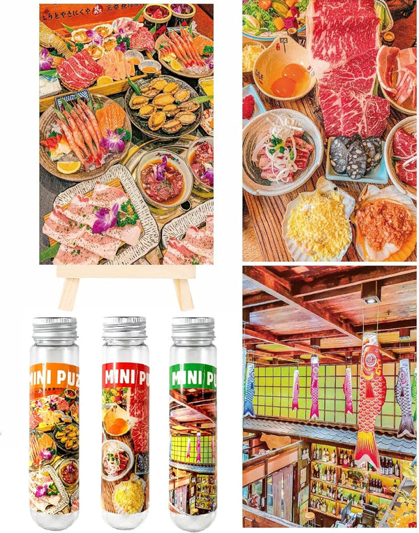 Small Jigsaw Puzzles for Adults, 150 Pieces, Japanese Barbecue Restaurant, 6 x 4 Inches, 3 Pcs, Mini Easel Included