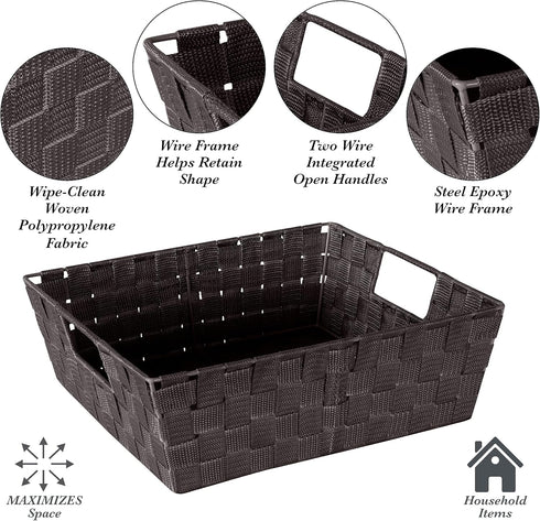 Simplify Large Shelf Woven Strap Tote, Decorative Storage Basket, Built-in Handles, 1 Pack, Chocolate