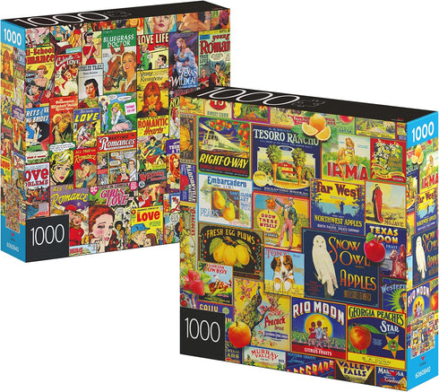 2-Pack of 1000-Piece Jigsaw Puzzles, Retro Comics and Fruit Labels for Adults and Kids Ages 8+, Amazon Exclusive