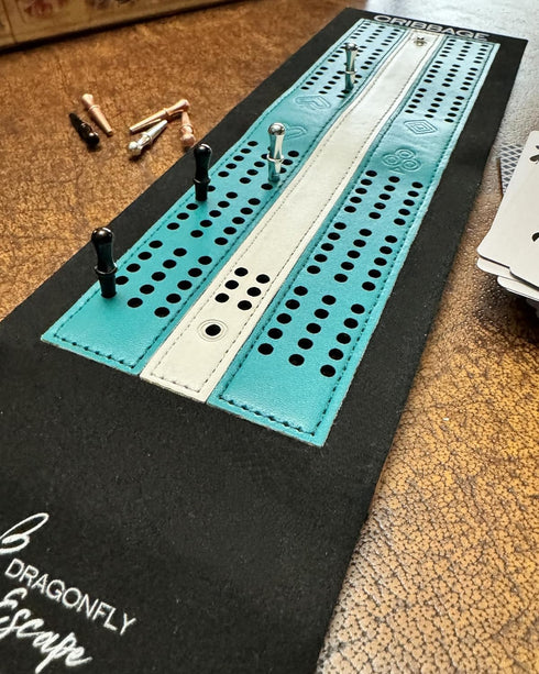 Unique Lightweight Folding Travel Cribbage Game | Portable Travel-Size Cribbage Board Set (Teal & White)