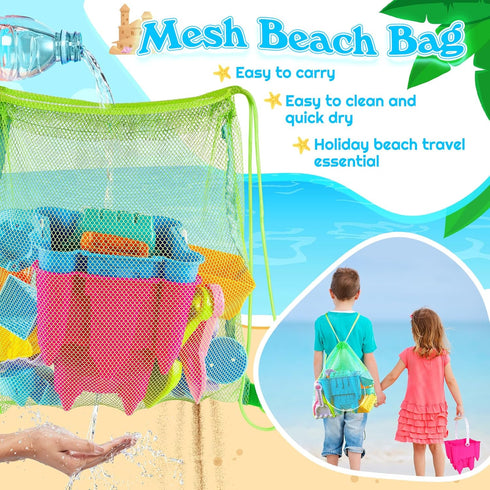 2 3-10 FUSPWEAO Beach Toys Sand Toys for Kids, Sand Castle Toys for Beach with Castle Bucket and Mesh Bag, Sand Molds