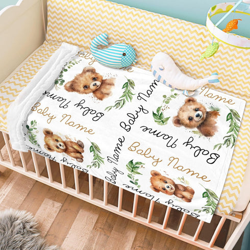 Novusopt 30x40 Custom Baby Blanket with Name, Personalized Bear Blanket for Girl Boy, Kids Swaddle Blanket