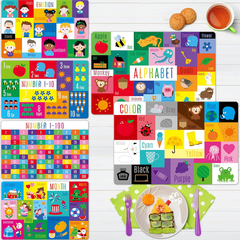 6 Pack Placemats for Kids, Non-Slip Washable, Reusable Alphabet, Number, Month, Color