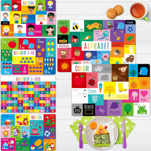 6 Pack Placemats for Kids, Non-Slip Washable, Reusable Alphabet, Number, Month, Color