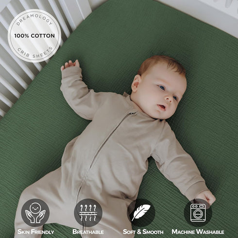 2 Pack, 100% 52x28 Dreamology Muslin Crib Sheets, Cotton Crib Sheet Fitted, for Girls, Boys, Green Crib Sheets