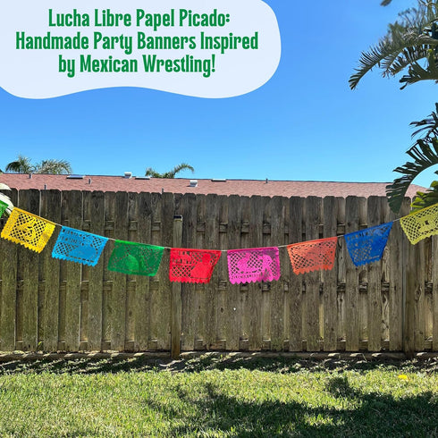 Lucha Libre Mexican Party Decorations, Papel Picado Banner (Plastic, 16-ft) for Birthdays, BBQs, Wrestling Events