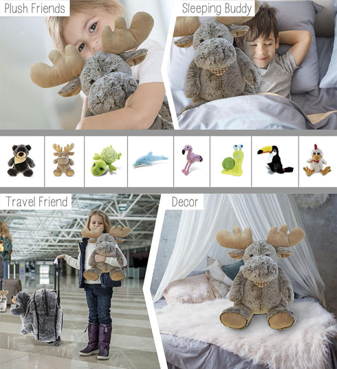 DolliBu Plush Moose Stuffed Animal Pillow - Super Soft Animal Pillow for Kids, Cozy Nap Buddy, 18 Inch
