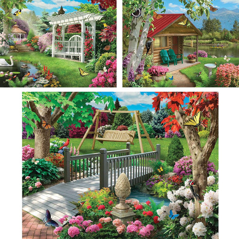 Set 300 18" 24" Bits and Pieces Value of Three Piece Jigsaw Puzzles for Adults Gardens Galore, Lake Life, Peaceful Park