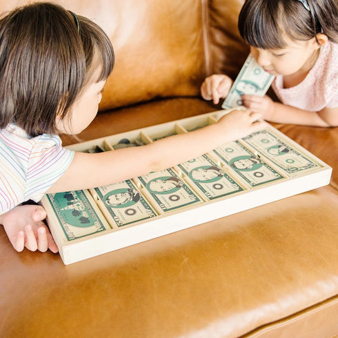 Melissa & Doug Play Money Set: Educational Toy with 50 Paper Bills, Plastic Coins, and Wooden Cash Drawer