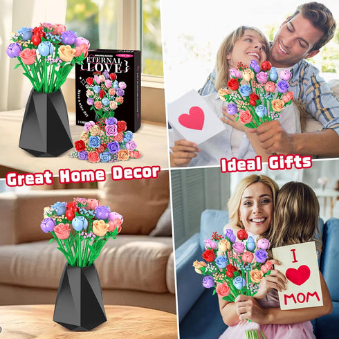 Set, 24 1380Pcs Sopu Colorful Rose Bouquet Flowers Building Boxes Artificial Flowers Botanical Collection Flowers