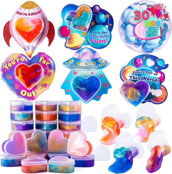 JOYIN 30 PCS Valentine Day Gift Cards with Galaxy Slime Stress Relief