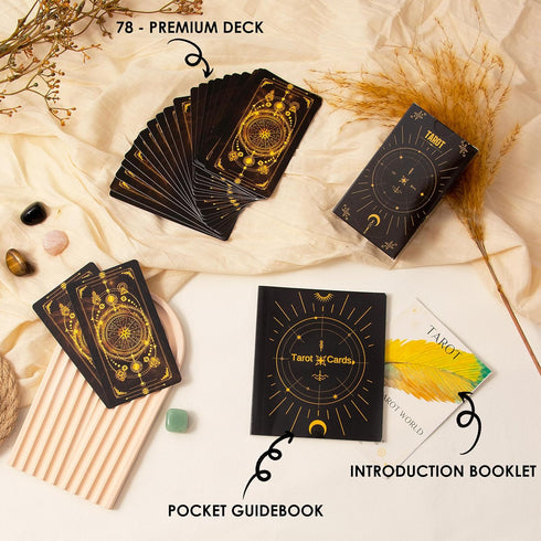 78 Set SUGEYA Tarot Cards with Guide Book, Black Tarot Deck Gift with Tarot Cloth, Chakra Stones and More, Tarot Cards