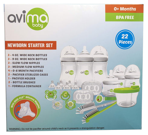 Avima Newborn Baby Bottle Starter Set - Anti-Colic Wide Neck Bottles with Slow and Medium Flow Nipples, 22 Piece