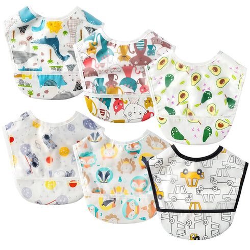 6 Pcs Baby Feeding Bibs Toddler Waterproof Bib Set with Crumb Catcher Pocket for 6-12 Months