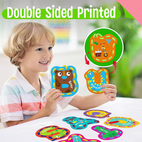 26PCS Kids Lacing Cards - Double Sided Uppercase Sewing Cards with Colorful Laces, Educational Activity Toys