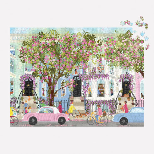Galison Spring Terrace – 1000 Piece Joy Laforme Puzzle Featuring a Magnolia Neighborhood Day in Spring