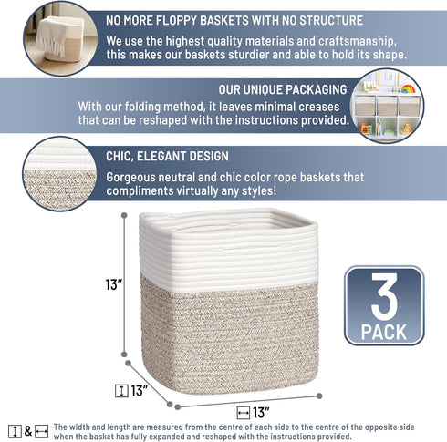 NaturalCozy 13 Inch 3-Pack 13 13 Closet Cube Storage Bins Cotton Rope Woven Baskets for Organizing | x Storage Cubes |