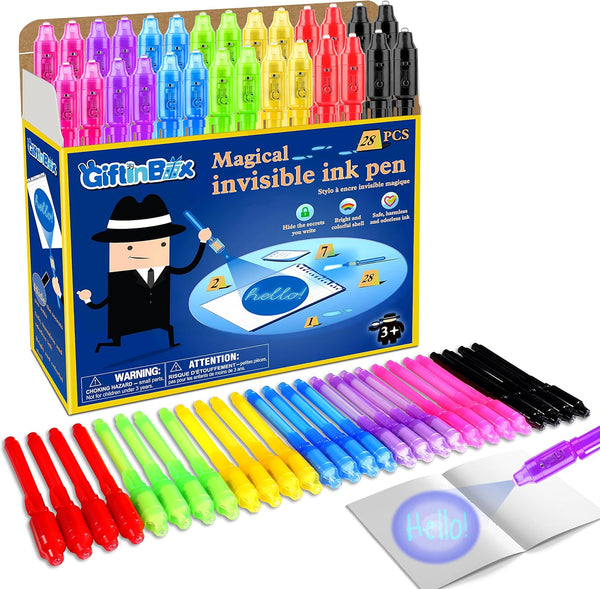 GIFTINBOX Invisible Ink Pen, 28PCS Spy Pen for Kids with UV Light Magic Marker for Secret Messages