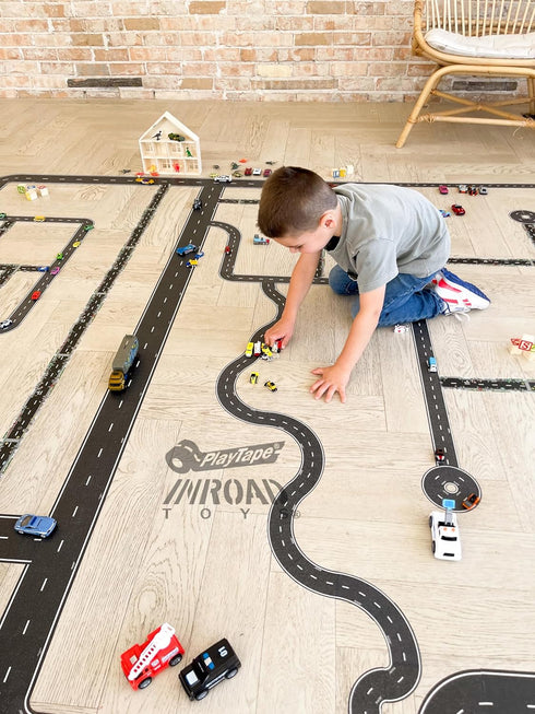 PlayTape Road Tape for Toy Cars - 2-Pack of 30 ft. x 2 in. Black Road, Sticks to Flat Surfaces, No Residue