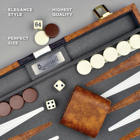 Backgammon Sets for Adults, Leather Board Games for Travel, 15 Inch Board with 32 Pieces in Quality Set
