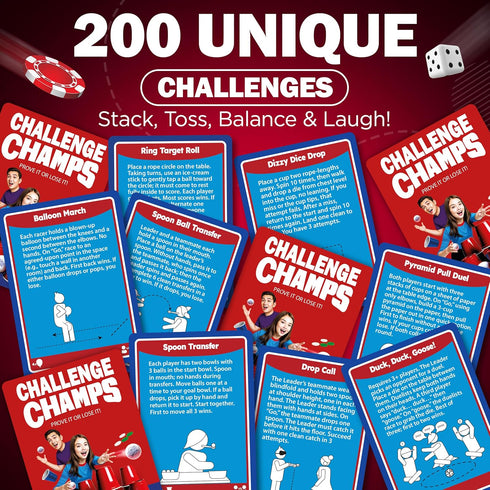 Challenge Champs 200 Set 8+ 10+ Action Party Game Skill Challenges for Team Building, Family Game Night | Complete