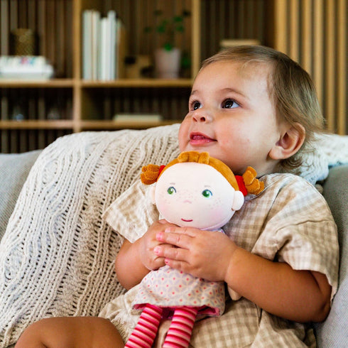 HABA Soft Baby Doll Roya - 10" Rag Doll with Red Pigtails, Pink Dress, Machine Washable, Ideal for 2 Year Old Girls