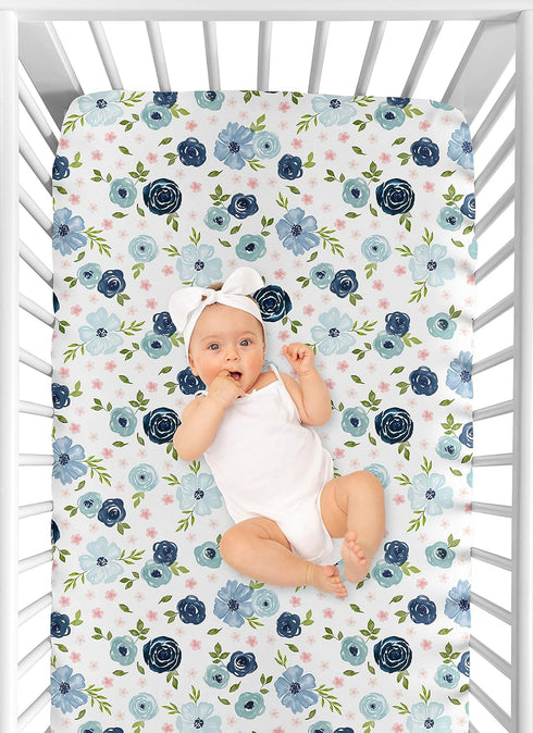 Sweet Jojo Designs Fitted Baby Jersey Crib Sheets (Pink/Blue Boho Floral) for Girls, Infant Nursery, Toddler Room