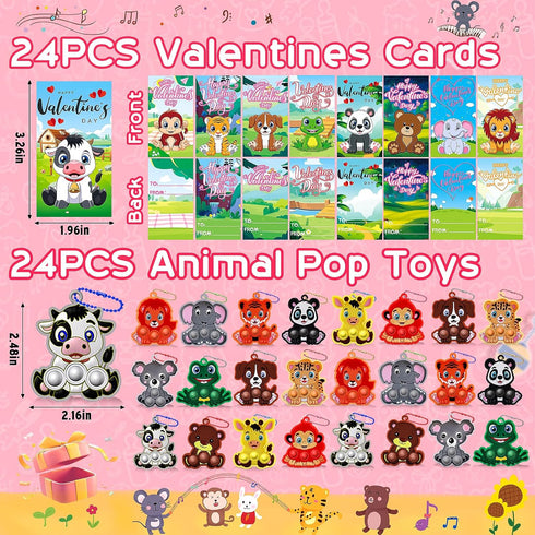 24 PACK Kiss Monkey Valentines Day Gifts for Kids, Valentines Cards for Kids Classroom with Animals Pop Fidget Toys