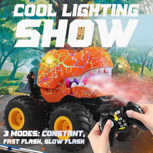1:20 360 4-7 BEZGAR Monster Truck Toys - Remote Control Monster Truck with Spray, Light, Music, Dinosaur Toys for Kids