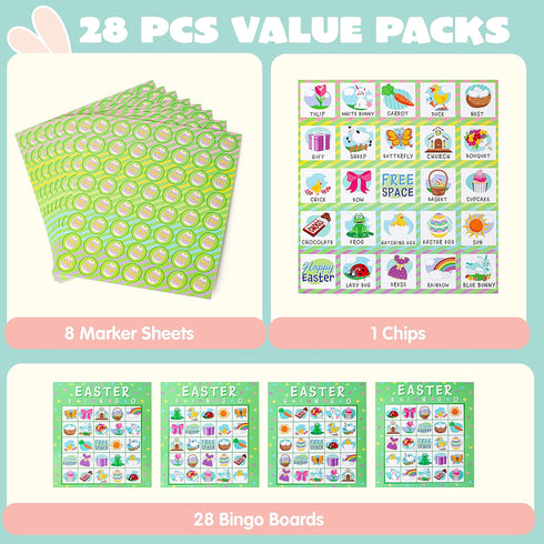 JOYIN 28 Players Easter Bingo Cards (5x5) for Easter Party Games, Kids School Classroom Gift