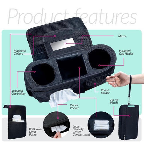 v2 Swanoo Stroller Caddy Organizer With Cup Holder, Non Slip Straps Bag for Phone, Pet Stroller Accessories, Universal