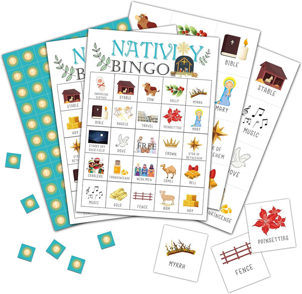 Nativity Bingo Cards - Christmas Game for 24 Players, Religious Party Games for Family & Friends Activities
